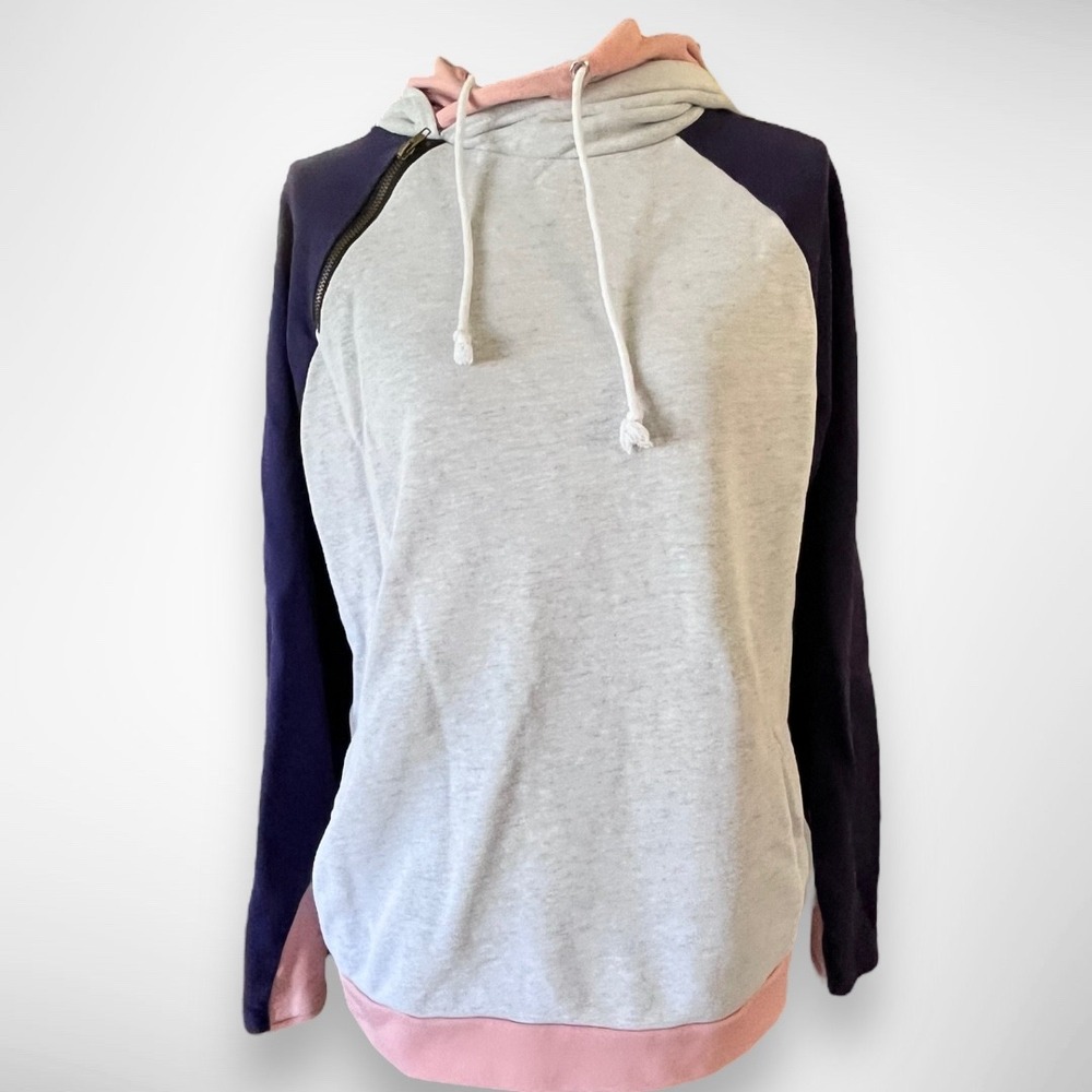 Women's Double Hoodie Colorblock Gray Pink Navy Sweatshirt XL | EUC